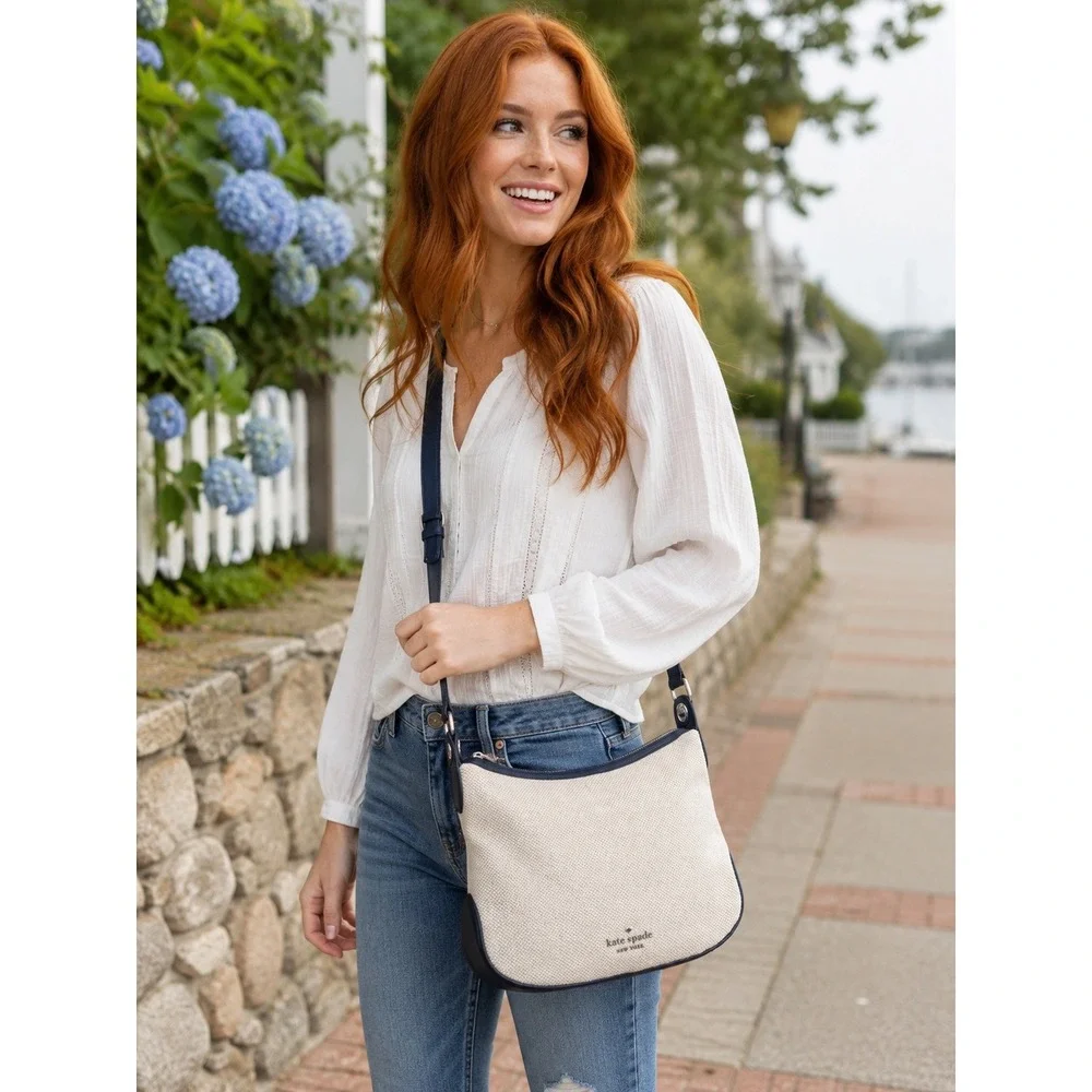 Kate Spade Rosie Canvas Leather Crossbody Shoulder Messenger Bag Navy Cream EUC